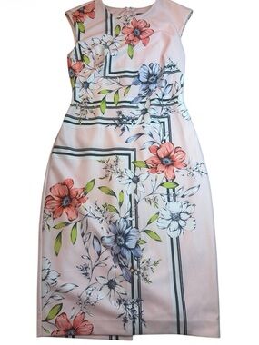 Vince Camuto Pink Floral Sheath Dress with Coral & Blue Blooms size 2